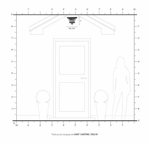 Diagram displaying placement of Monterey Two Light Outdoor Indoor Flush Mount in Polished Brass on a porch with dimensions.