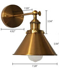 Two Pack Brass Finish Retro Industrial Wall Sconces With Cone Shade Adjustable 1 Light Wall Lamp 7.2 Inch Ideal For Bedroom Living Room Kitchen Dining Cafe Or Bar