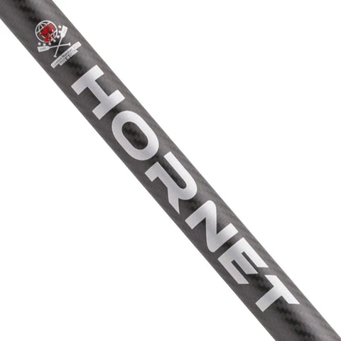Close-up of Sting Plus Dragon Boat Paddle handle, carbon fiber 3K build with 'Hornet' text, for dope racing, ultra lightweight 20 oz.