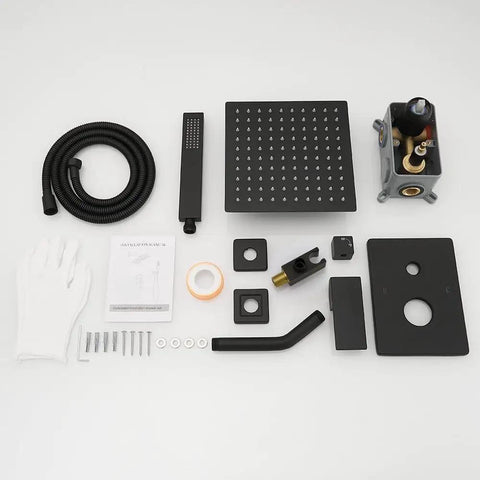 Level Up Your Daily Wash With This Matte Black Shower System Featuring An 8 Inch High Pressure Rain Head And Handheld Wall Mount Faucet Set With Rough In Valve Trim For A Smooth Install That Hits Different components including shower head, hose, valve, and installation instructions.