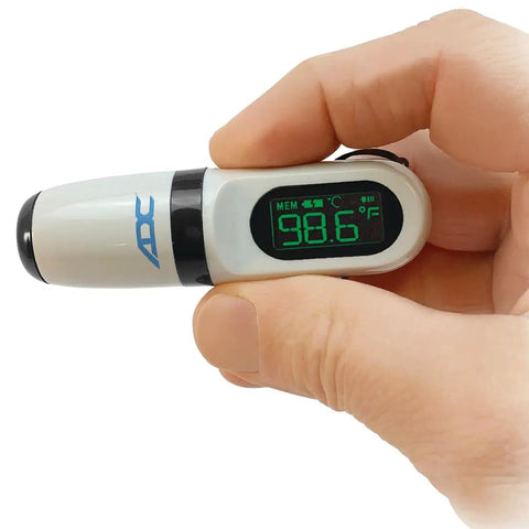 Hand holding One-Second Non-Contact Infrared Thermometer for Fast, Legit Readings, Pocket-Size 3.5-Inch, ASTM E1965-98 Accurate, Lightweight 1.6 oz, 2-Year Warranty