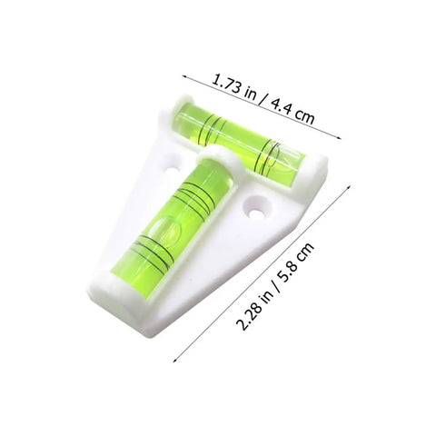Mini T Shape Bubble Level Tool With Shatterproof PMMA And ABS showing dimensions of 1.73x2.28 inches