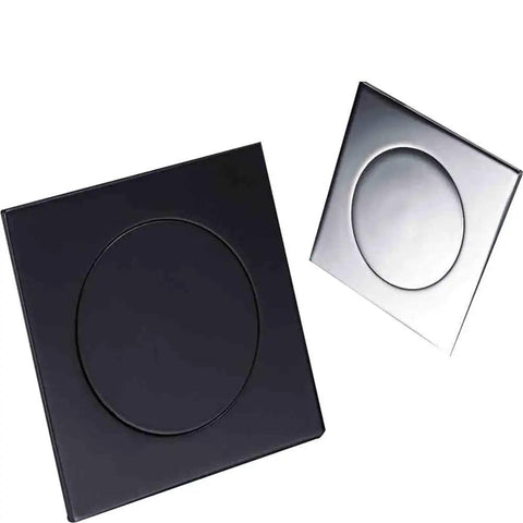 Drop Down Square Pop Up Floor Drain With Matte Black Chrome Cap And Odor Locking Grille For Bathrooms, two caps, black and chrome finish