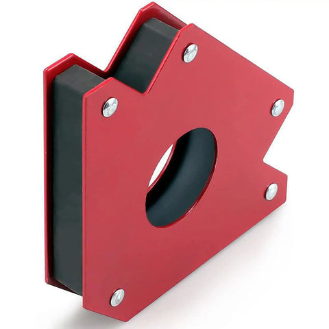 Six Piece Welding Magnet Set With Fixed Angles and Right Angle Positioners, shown in red with a central hole.