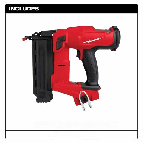 Premium Cordless Power Nailer Boasting 18 Gauge Brad Efficiency With Zero Hassle Tool Free Depth Control and Flipping Belt Hook shown from the side.