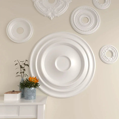 Ceiling Medallion With 32 5/8 Inch Diameter And 1 1/2 Inch Projection, fits canopies up to 7 7/8 inches, on a wall display.