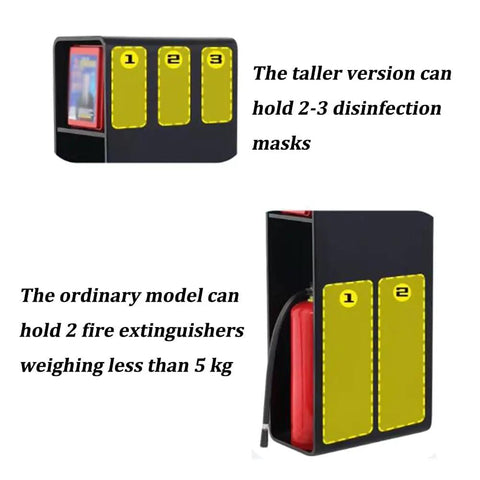 Heavy Duty Steel Fire Extinguisher Cabinet Double Storage Compartment Tough As Nails Weather Resistant Emergency Box Top Shelf Black showing two models with capacity details.