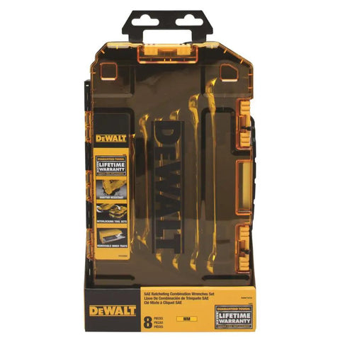 DeWalt ratcheting wrench set 8 piece metric with 72 tooth mechanic grip full polish chrome 5 degree swing in packaging