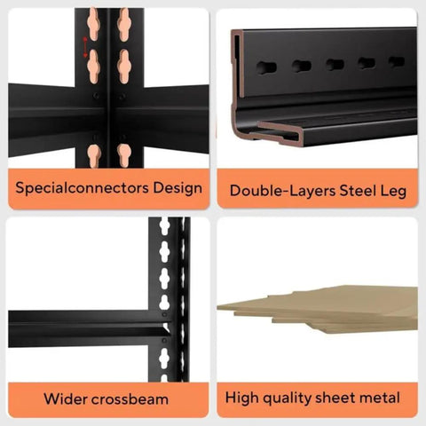 Detail shot of the Five Tier Heavy Duty Metal Garage Shelving Unit With 1500 Pound Capacity Adjustable Storage Rack components