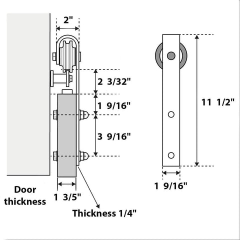 Diagram showing dimensions and hardware details for Sturdy Double Barn Door With Frosted Glass 84 By 96 Inches Black Rail Chocolate Ash Finish Built To Last Heavy Duty 13 Foot Sliding Rail Kit Modern Solid Panel Interior Door Set With Floor Guide And Hardware.