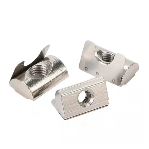High Strength M5 Roll In Spring T Nuts With Spring Sheet For 4040 Aluminum Profile Slot, Nickel Plated Carbon Steel fasteners in three angles.