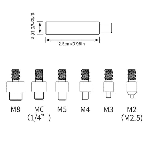 Diagram of Thermal Insert Tool Kit For 3D Printers with M2, M2.5, M3, M4, M5, M6, and M8 copper tips shown in different sizes.
