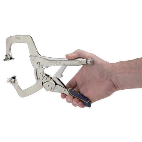 Fast Release Welding Pliers With Swivel Pads 11 Inch Locking Pliers C Clamp held by a hand showcasing ergonomic grip and wide jaws