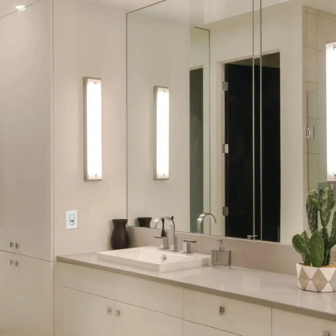 Modern bathroom sink area with control panel for Maestro Dual Tech Occupancy Sensor Switch No Neutral Required For Small Rooms Great For Closets Offices And Tiny Conference Spaces White 6 Amp Single Pole Easy Install With Simple Setup