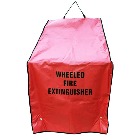 Heavy Duty Wheeled Fire Extinguisher Covers 2 Pack Red For 50 Lb Units with clear identification print.