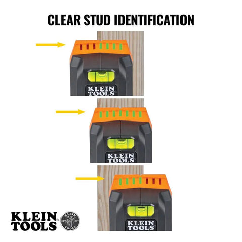 Dead On Electronic Stud Finder And Wall Scanner With Built In Bubble Level displays clear stud identification and green LED indicators.