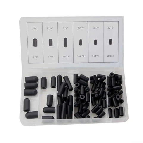 Open box of Rubber Vacuum Cap Set 80 Pack Multi Size For Line Blocking And Hose Protection In Carburetor Manifold Systems Black in 6 sizes.