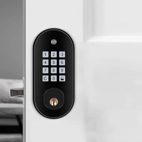 Rock Solid Keyless Entry Deadbolt With Backlit Numeric Keypad And Easy Dial In Spy Proof Virtual Code For No Sweat Self Locking Residential Door Security Upgrade on white door.