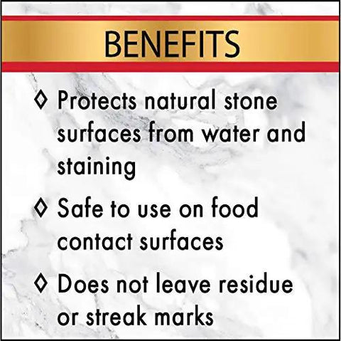 No Fuss Granite Sealer And Stone Protector Spray That Dries In A Snap Shields Quartz Marble Limestone Slate Grout Safe Family Friendly Quick Cure 24 Oz Bottle benefits list on marble background.