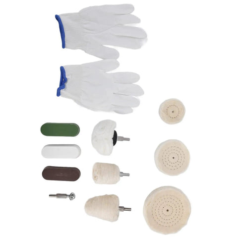 11 Piece Polishing Buffing Wheel Kit With Cotton Flannel Pads And Wax Rod Mount For Cordless Drills, includes gloves and various pads.