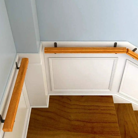 Heavy Duty Wood Stair Handrail With Tough Wrought Iron Brackets For Secure Grip And Hassle Free Wall Mount 600cm support bar in hallway.