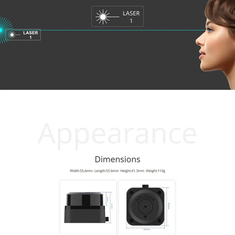 Next Level 360 Degree LiDAR Sensor Built For Robot Navigation And SLAM With 12m Range And 5000 Samples Per Second For Smooth Obstacle Avoidance Via UART 5V Power dimensions and appearance with human profile.
