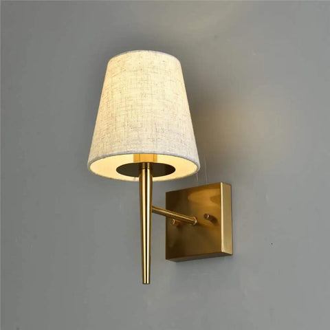 Mid Century Modern Plug In Wall Sconce Set With Beige Fabric Shade Antique Gold Finish 1 Light Indoor Wall Lamp For Hallway Bathroom Vanity Reading Nook Easy Install Pair shown on gray wall with single beige shade and gold base