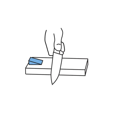 Illustration of Pro Grade Knife Sharpening AGM Angle Wedges Set with blue plastic wedge on sharpening stone, hand holds knife.