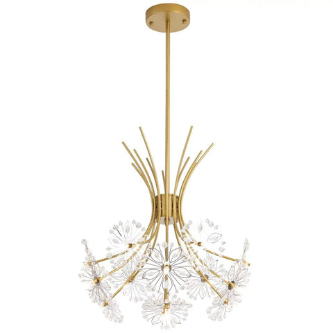 Glam Gold 13 Bulb LED Pendant Light Chandelier with Crystal Flower Shade, modern art deco ceiling fixture shown against white background.