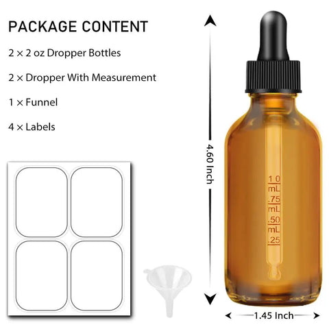 Two Pack Real Deal Amber Glass Dropper Bottles Two Oz showing graduated markings, funnel, and labels for essential oil use.