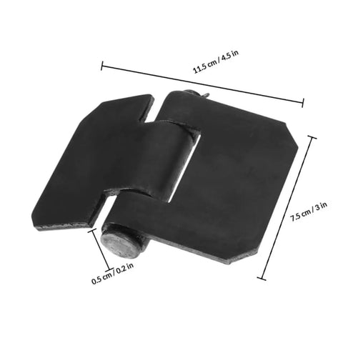 Heavy Duty Weld On Gate Hinges 2 Pieces Removable Steel Door Hinges Thickened for Dump Trailer, shown from angle, with dimensions.