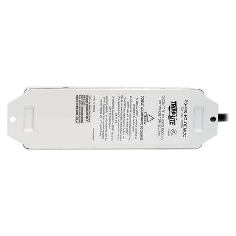 Back view of Safe-IT Rugged Hospital-Grade Power Strip for Patient Care Areas UL 1363A Compliant showing mounting design and label details.