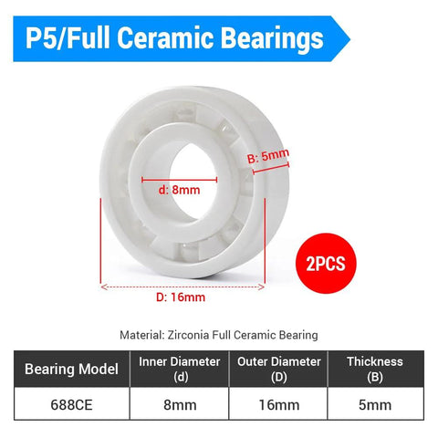 Zirconia ceramic bearings for high temperature, 8x16x5mm size, full ceramic construction, 2-piece set for fishing, marine, industrial use.