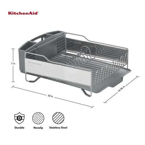 Full Size Countertop Dish Rack Heavy Duty Organizer With Angled Draining Surface Removable Utensil Basket Non Slip Base Slick Rust Resistant Finish Straight Up Effortless Drying System In Light Grey, measuring 20x14.96x7 inches.