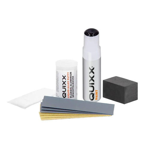 Solid Alloy Wheel Repair Kit For Black Rims Smooths Out Curb Rash And Road Scuffs DIY set including liquid aluminum putty and black paint.