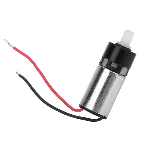 6mm micro gear motor with red/black wires, metal cylindrical body and white drive shaft