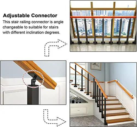 Adjustable connector for Heavy Duty Stair Railing Spindle System Kit, suitable for angled stairways, with black wrought iron and wooden handrail.