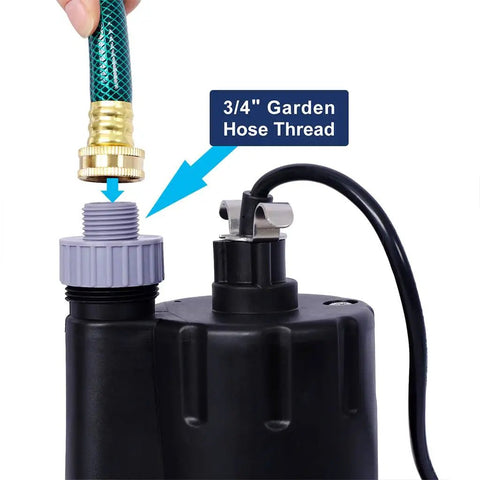 Heavy Lift Submersible Sump Pump Built With A Rock Solid Quarter Horsepower Motor And Ten Foot Cord connecting to a 3/4" garden hose.