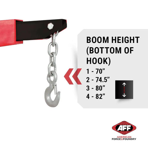 Boom height measurements for Straight Up Heavy Duty 3 Ton Hydraulic Engine Hoist Cherry Picker Crane, showing hook sizes.
