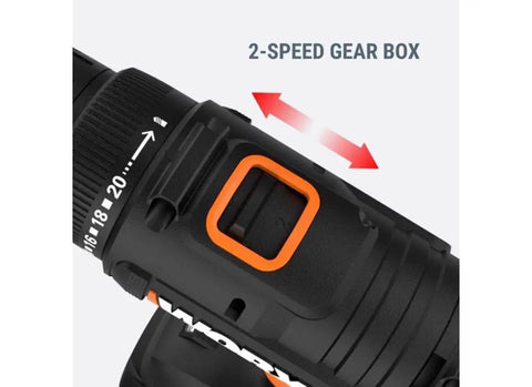 Close-up of 20V Max Three-Eighths Inch Drill Driver with two-speed gear switch, highlighting variable speed two-speed gear system.