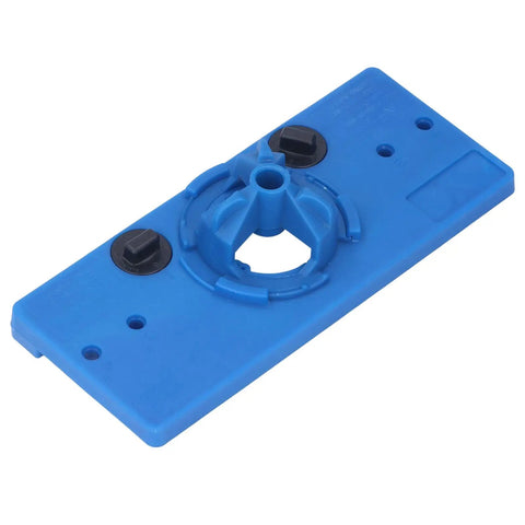 Premium 35mm Hinge Hole Saw Jig Kit For Woodworking Pros that features a blue ABS base plate for accurate drilling.