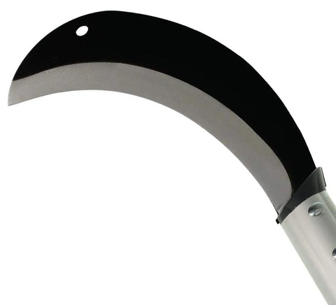 Close-up of blade on Heavy Duty Billhook Sickle Machete with Aluminum Handle, used for grass cutting and yard clearing.