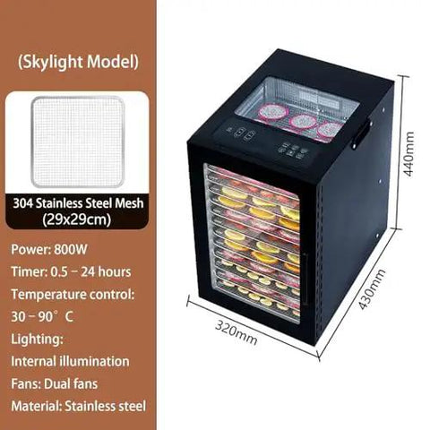 Professional Electric Food Dehydrator 800W Featuring Stainless Steel Trays And Digital Timer, showcasing a sleek black design with illuminated trays.
