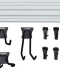 VersaTrack Garage Storage Rail With Twenty Piece Mounting Accessories For Drywall Studs And Masonry Pegboard Ready Patented Hooktite Latching visible