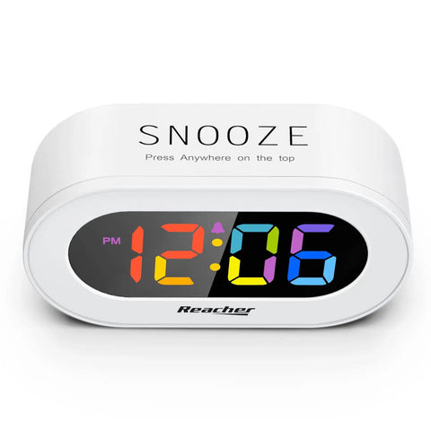 Snazzy Compact Colorful LED Digital Alarm Clock With Adjustable Brightness Dimmer And Volume Slider Smooth Snooze Button, showing time 12:06.