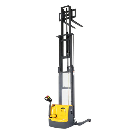 Pro Grade Electric Powered Stacker With Straddle Legs For Warehouse Heavy Duty Material Lift 3300 Lb Capacity 177 Inch Max Height, side view with extended forks.