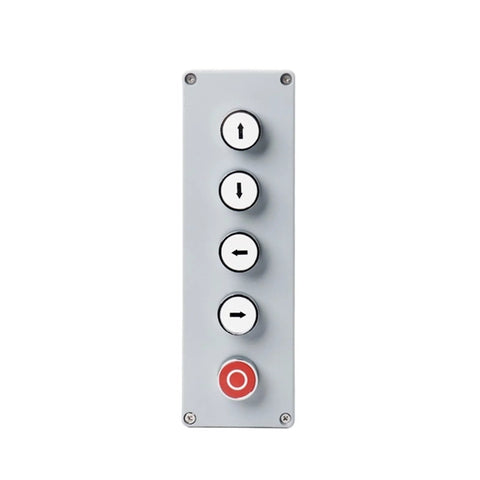 KAVJU metal push-button control panel with five round buttons: up, down, left, right arrows and red stop button.