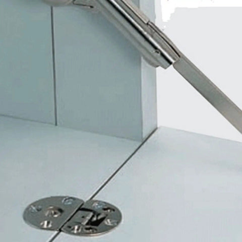 Close-up of 2 Pack Folding Hinge For Cabinet Doors, Alloy Double Cup Up Down 180 Degree Hidden Flat Hinge, installed on cabinet.