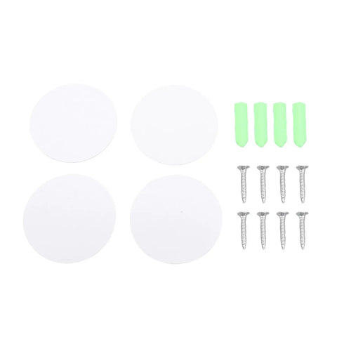 Powerful Heavy Duty RV Magnetic Door Stopper Set Stops Travel Trailer Doors Securely With Strong Magnets and Durable Build parts including white disks and screws.