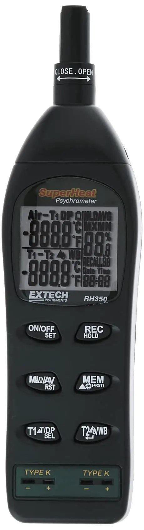 Front view of Dual Input Hygro Thermometer Psychrometer, LCD screen with buttons for HVAC pros, includes 2 Type K probes and superheat differential.